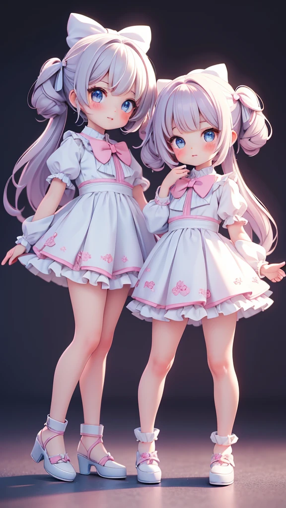 ((petite bishojo, little 2girls)), ((cute face)), ((cute puffy eyes)), ((masterpiece)), ((best quality)), ((ultra detailed)), ((exquisite)), ((8k)), ((crisp)), ((depth)), ((beautiful and aesthetic)), (super detailed skin), ((high standard)), ((highres)), ((perfect anatomy)), (full body), (blush), (lipstick), (wuv, jk), (bow in hair), (kawaii pose), (perfect fingers), (white, blue, black)