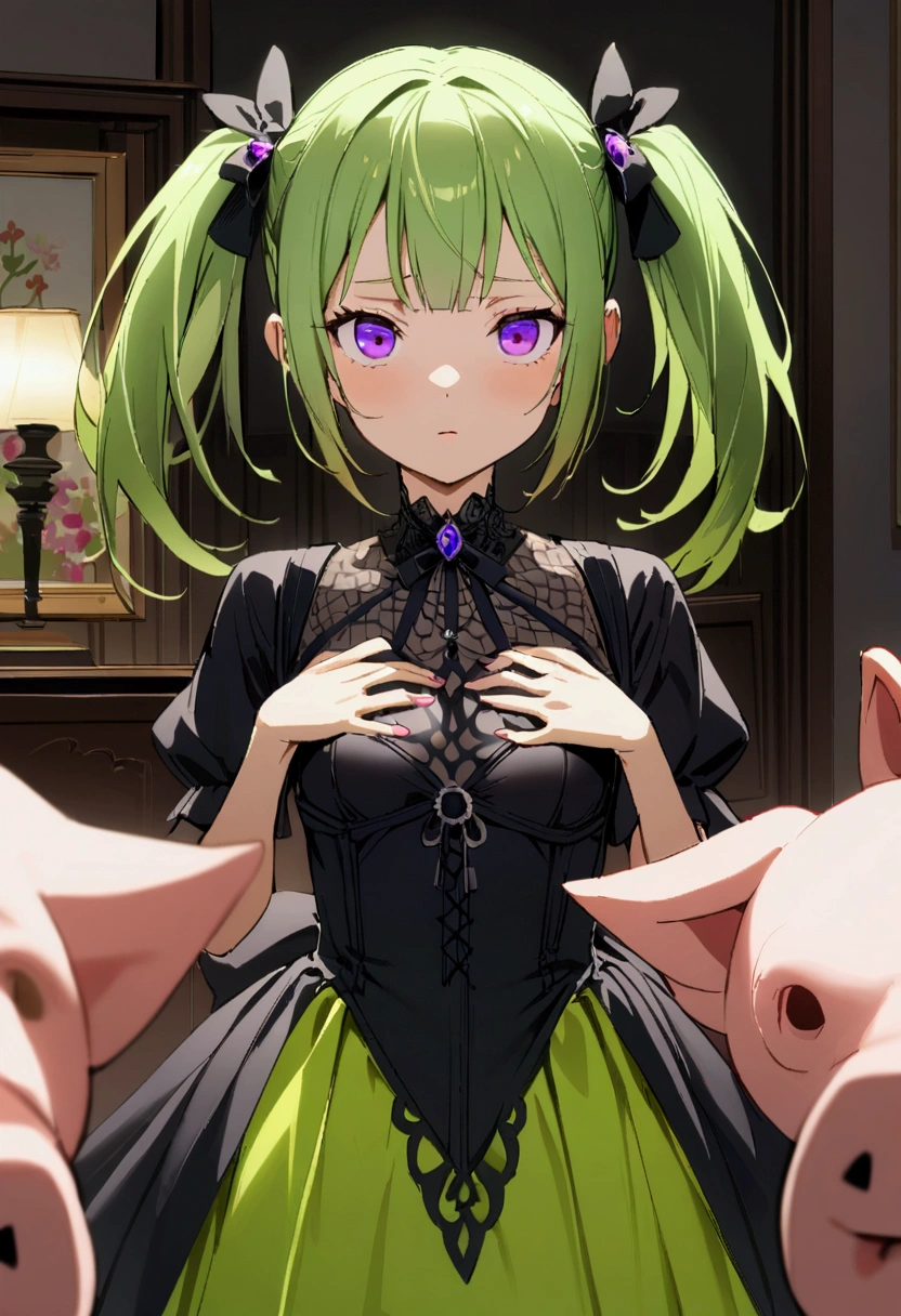 1girl with long ((lime green)) hair, two pig tails, need glasses, slender body, small breasts, Gothic dress, upper POV, purple eyes, living room, fear, standing, hands on chest, upper body focus