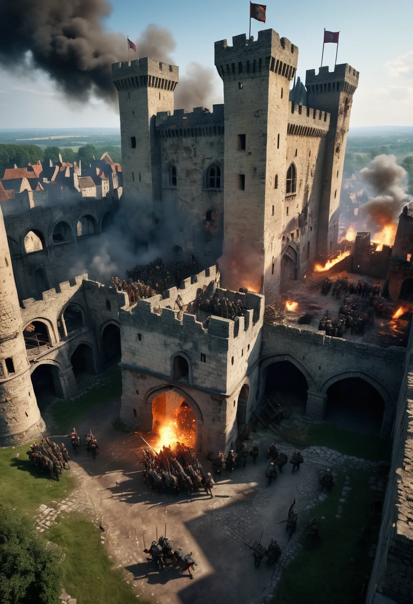 a medieval battlefield, a bird's-eye view of a destroyed medieval castle, soldiers battling amidst the ruins, damaged siege weapons, billowing smoke, crumbling architecture, (an overwhelming military force), detailed, cinematic, dark, dramatic, gritty, realistic, epic, dynamic, masterpiece, (best quality, 4k, 8k, highres, masterpiece:1.2), ultra-detailed, (realistic, photorealistic, photo-realistic:1.37), HDR, UHD, studio lighting, ultra-fine painting, sharp focus, physically-based rendering, extreme detail description, professional, vivid colors, bokeh