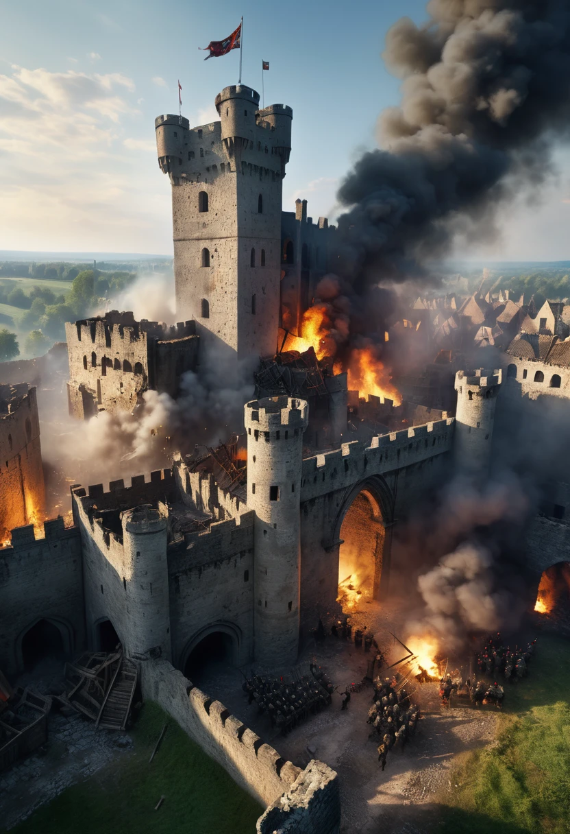 a medieval battlefield, a bird's-eye view of a destroyed medieval castle, soldiers battling amidst the ruins, damaged siege weapons, billowing smoke, crumbling architecture, (an overwhelming military force), detailed, cinematic, dark, dramatic, gritty, realistic, epic, dynamic, masterpiece, (best quality, 4k, 8k, highres, masterpiece:1.2), ultra-detailed, (realistic, photorealistic, photo-realistic:1.37), HDR, UHD, studio lighting, ultra-fine painting, sharp focus, physically-based rendering, extreme detail description, professional, vivid colors, bokeh