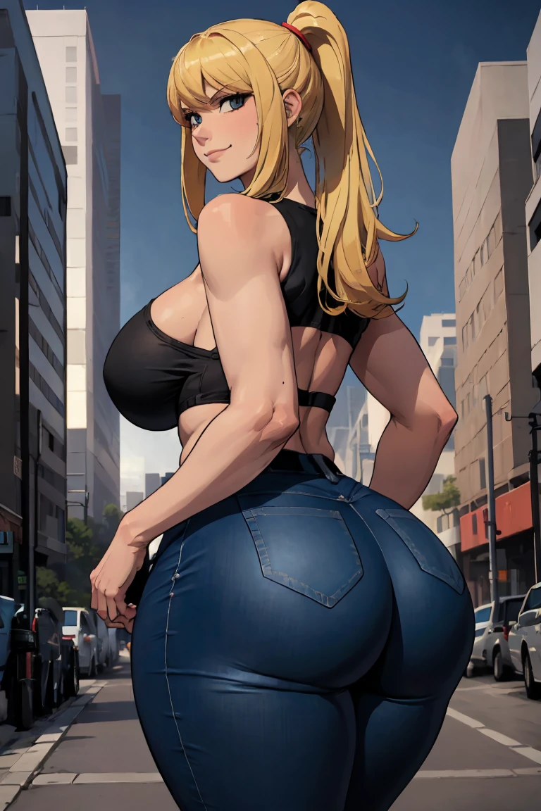 samus aran in jeans, ponytail, blonde, masterpiece, best quality, highly detailed, fine detail, 1girl, long hair, blonde hair, blunt bangs, thick thighs, thin waist, wide hips, curvy figure, voluptuous, cleavage, navel, huge breasts, huge ass, ass focus, perfect ass, woman wearing acstp skintight pants, rolled up sleeve, (((stp blue)), out in the streets, morning, buildings, standing, sexy pose, cowboy shot, smirk, from behind, looking back, looking at viewer, 
