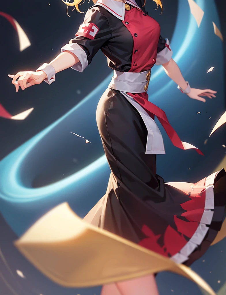 ((nurse)),(白いnurseシューズ),Cute little ,Tiny ,Small girl,,Childish face, Very fine clean face,Top quality,Straight Hair,Yellow hair,(Dark Room), Subtle light, Natural light,Soft lighting,Light from directly behind,(Open your hands), (Are standing),Front view,Black background