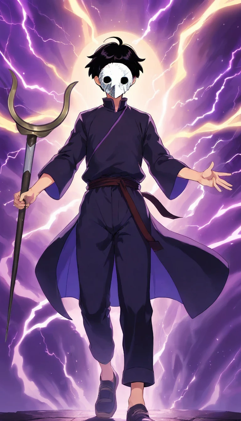 A boy in a loose purple outfit, wearing a white mask and griping a staff. Purple lightning background