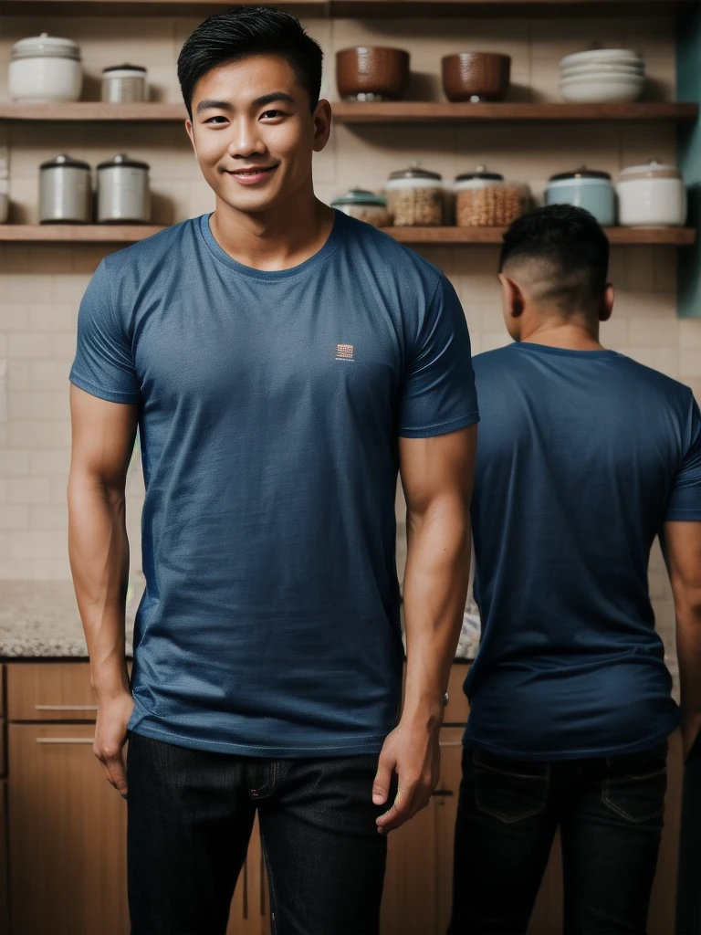 Thai man ,man ,(Blue T-shirt:1.5) ,Jeans ,He is about 30 years old..,Rough and handsome appearance,large breastsj,Big waistline,buzz cut, angry, sullen, best quality, Masterpiece,(Have muscles:4.5),(best quality,high resolution,Masterpiece:1.2),The eyes are natural and delicate..,1 person,alone,gay asian,muscle,Long legs,brave,short hair details,conjunctivitis ,strong,brown eyes, (standing in the kitchen:1.5),in the market,sitting on the table ,smile