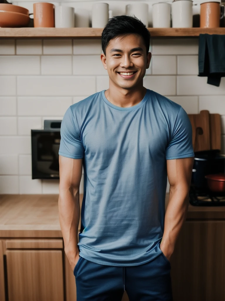 Thai man ,man ,(Blue T-shirt:1.5) ,Jeans ,He is about 30 years old..，Rough and handsome appearance，large breastsj，Big waistline，buzz cut, angry, sullen, best quality, Masterpiece，（Have muscles：4.5），(best quality,high resolution,Masterpiece:1.2),The eyes are natural and delicate..,1 person,alone,gay asian,muscle,Long legs,brave,short hair details,conjunctivitis ,strong,brown eyes, (standing in the kitchen:1.5)，in the market，sitting on the table ,smile