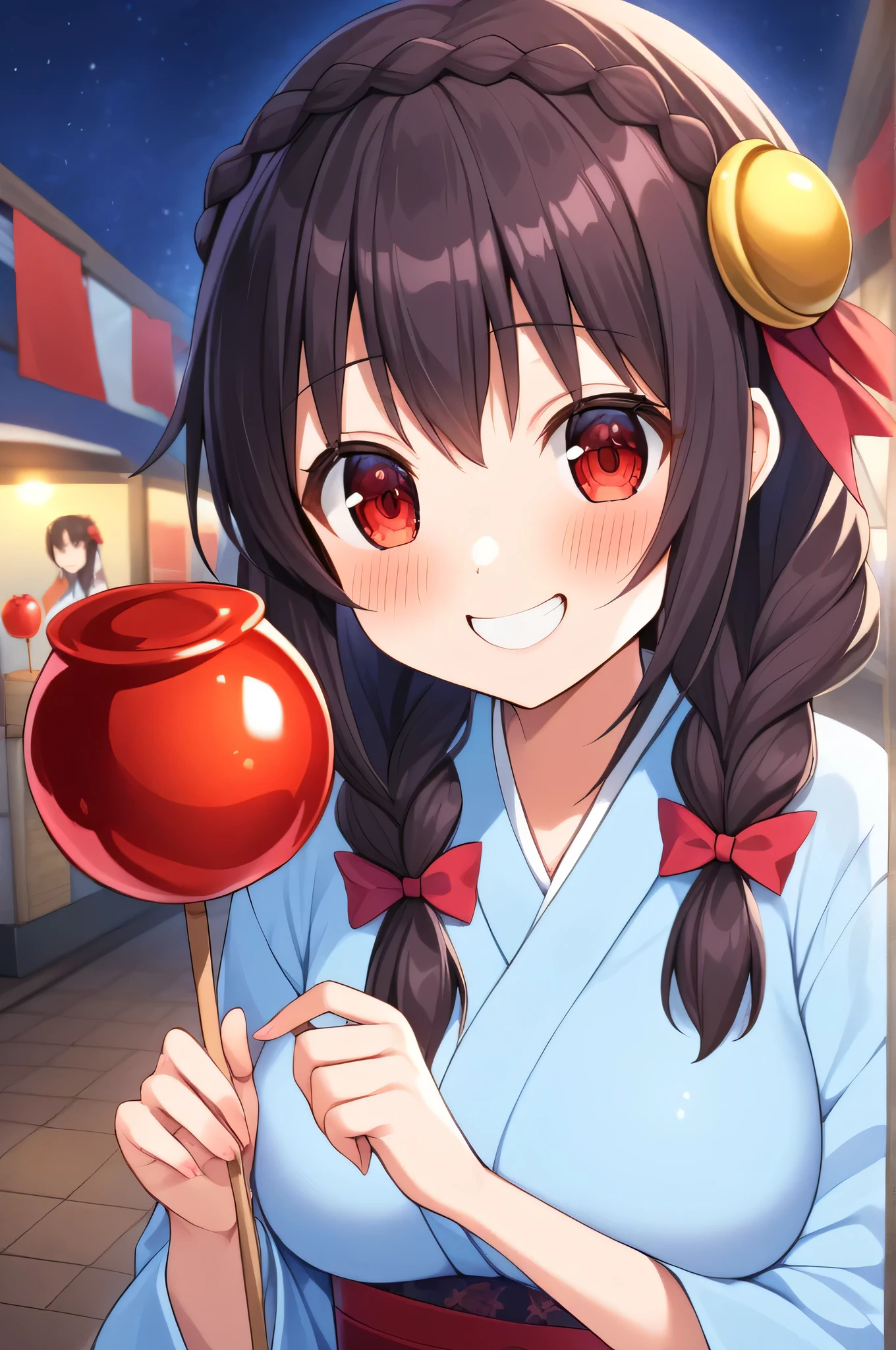 alone, One girl、Crown braids in the same color as your hair, hair ornaments, Hair Ribbon,(A light blue kimono with a red floral pattern and a red obi.)、Red Eyes、Black Hair、(blush:1.5)、(Happy face:1.4)、Larger breasts、Eating a candy apple、The background is a night stall