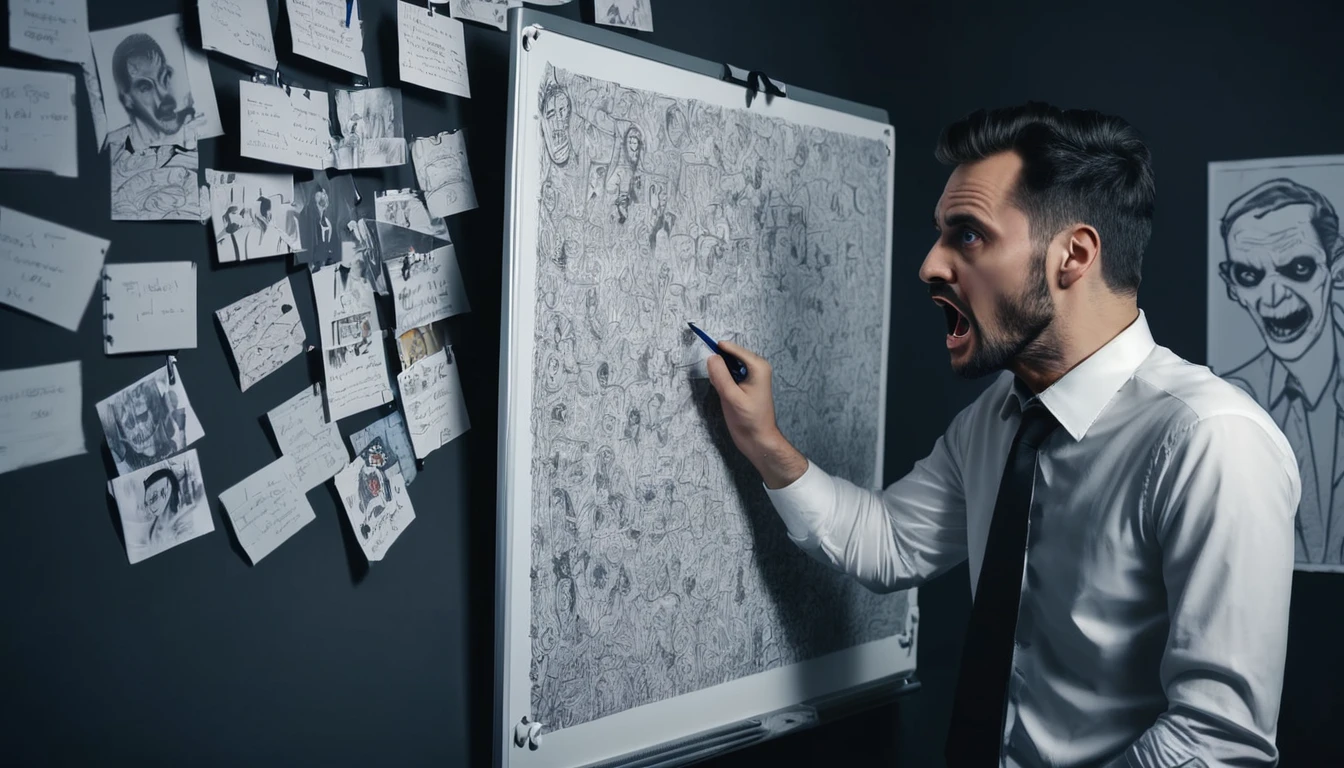 A man plans on a whiteboard with pictures and papers hung on it, evil dark room , there is a scary faces and Puzzles on the wall