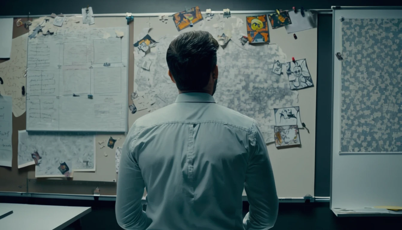 A man plans on a whiteboard with pictures and papers hung on it, evil dark room , there is a scary faces and Puzzles on the wall