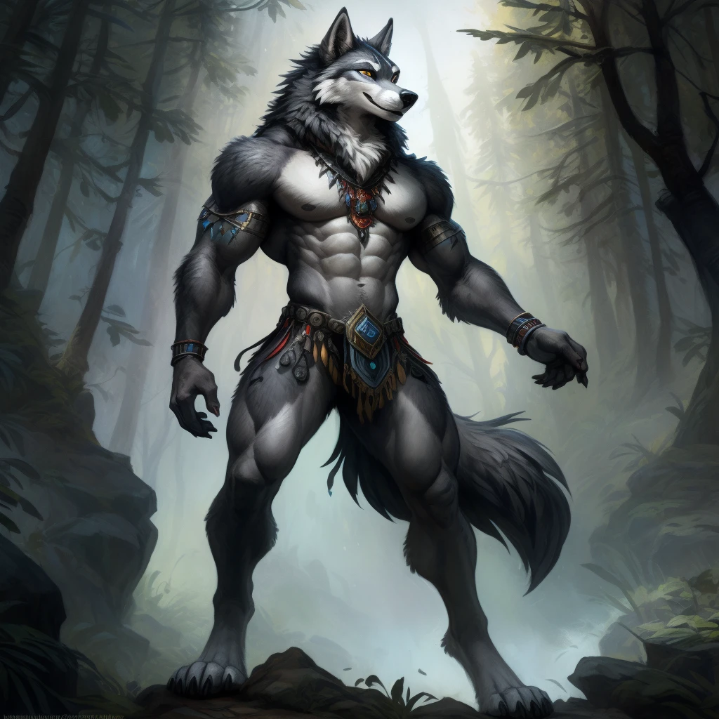 Disney, Blizzard Entertainment, DreamWorks, shaman wolf in the dark forest, twilight, (((male))), (((wolven head))), (((gray fur))), (((charismatic face))), (((very small head))), (((long legs))), (((one tail))), (((very big muscles))), (((large chest))), black, white, gray and dark blue colors, mesomorph, wide shoulders, slim waist, attractive athletic body, full of muscles, standing straight, straight pose, ritual accessories, druidic attributes, anthro art, very very beautiful furry art, sensual, soulful, commission for high res, fantasy wolf, fantasy art, intricate design, wolf hero, art of kenket zaush ross tran ruan jia bonifasko, fursona art, an anthro wolf shaman, in back turned posing