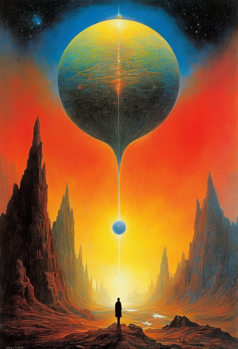 Multiverse parallel time and space，Old sci-fi posters, author：Zsław Beksinski 和 Jean.giraud