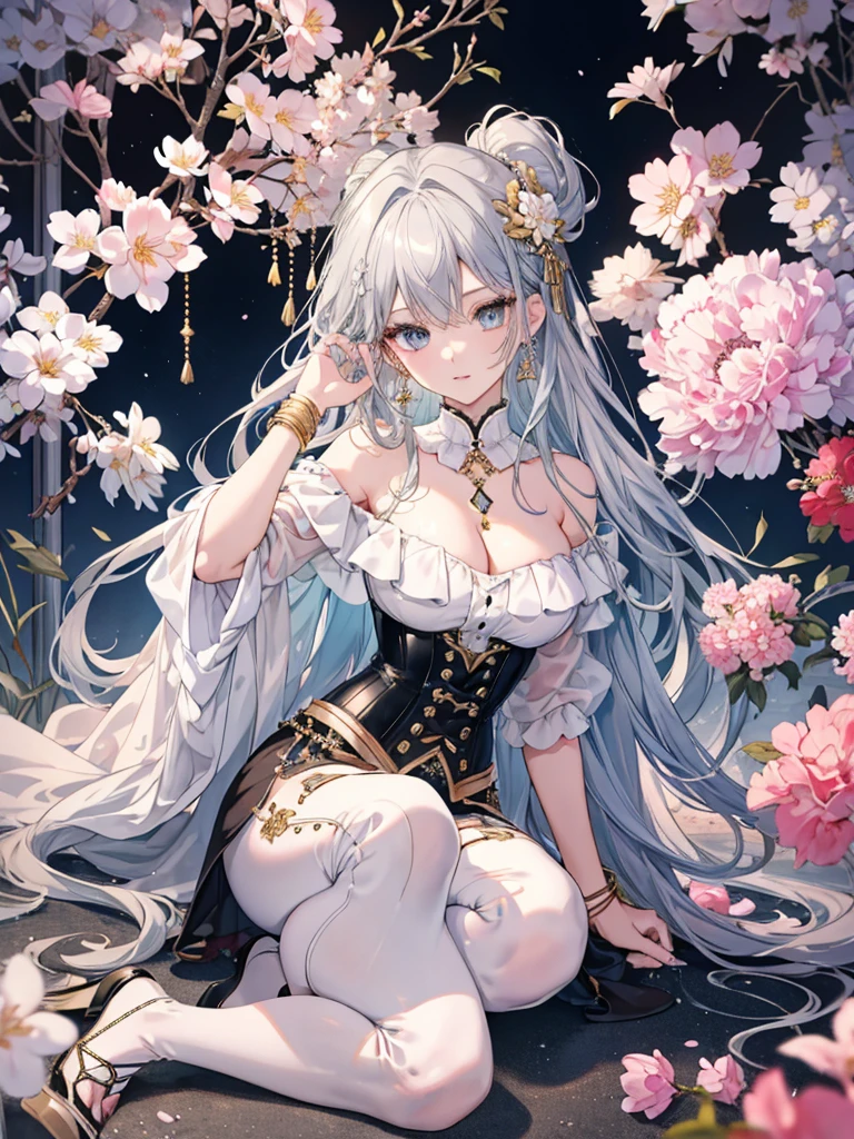 8k,High resolution RAW color art, Anime Art,Silver Marble Skin, (((Highly detailed elegant))), Detailed skin, texture,(Exquisitely crafted, The finer details, Ultra-detailed art), (1 Girl), Depth of written boundary, Silky Touch, Hyper Detail, Cool face, eye shadow、Beautiful woman, Beautiful attention to detail, Beautiful lip detail, Highly detailed face, Delicate depiction of hair and eyes, Detailed Fashion, Blue sparkling eyes, Earrings, Slightly larger breasts,Full body depiction, ,Focus on the user、Stylish white off-shoulder pants、Black above the knee corset skirt、Tights up to the knee、Thighs、Golden decoration, Black nails, Gray Hair, Golden bracelet, Long Straight Hair, Light blue outer color、(((Hair)))、sweater、Cherry Blossoms at Night(Lesoonlight、肌面積Lesature)))