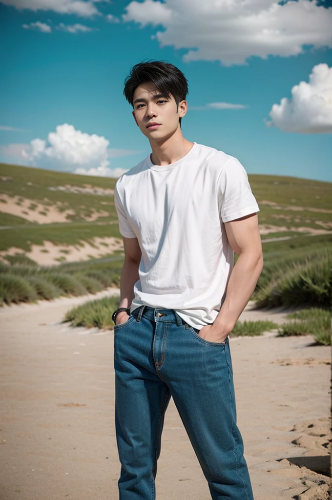 A young Asian man stands, handsome, muscular, looking at the camera. In a plain white t-shirt , Fieldside, grass, beach, sunlight