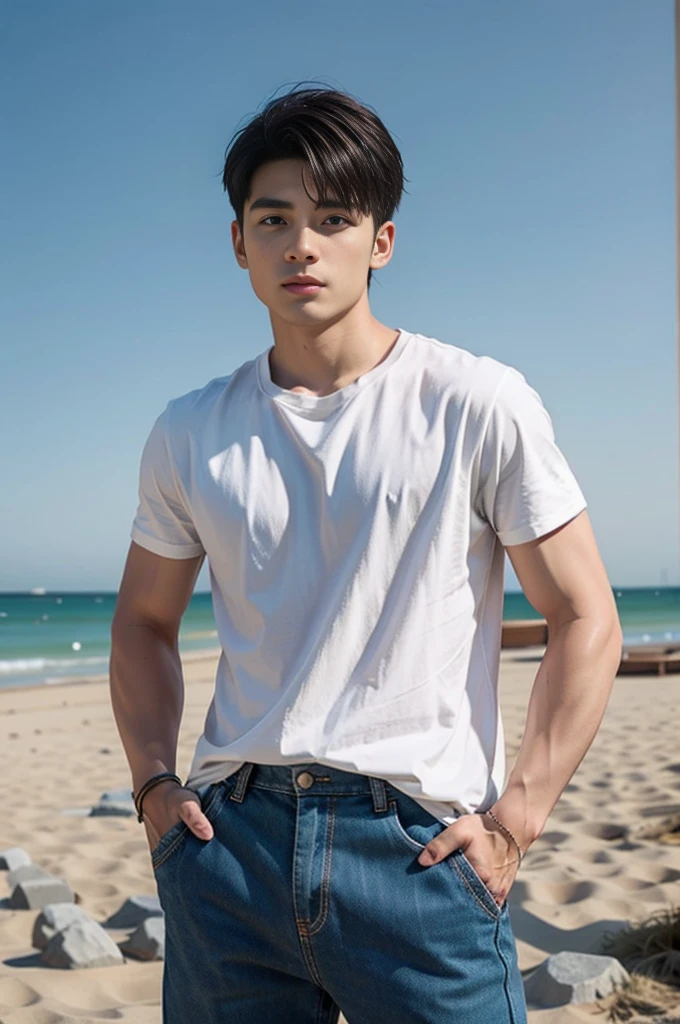 A young Asian man stands, handsome, muscular, looking at the camera. In a plain white t-shirt , Fieldside, grass, beach, sunlight