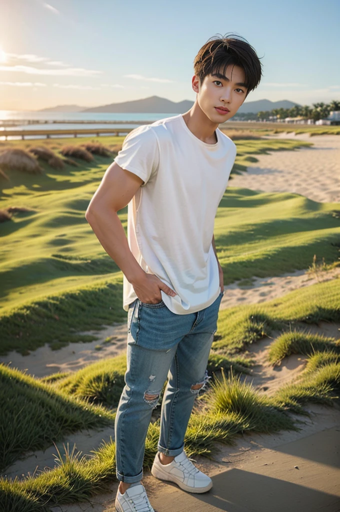 A young Asian man stands, handsome, muscular, looking at the camera. In a plain white t-shirt , Fieldside, grass, beach, sunlight
