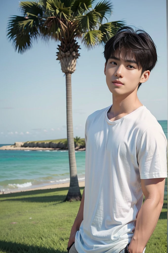 A young Asian man stands, handsome, muscular, looking at the camera. In a plain white t-shirt , Fieldside, grass, beach, sunlight