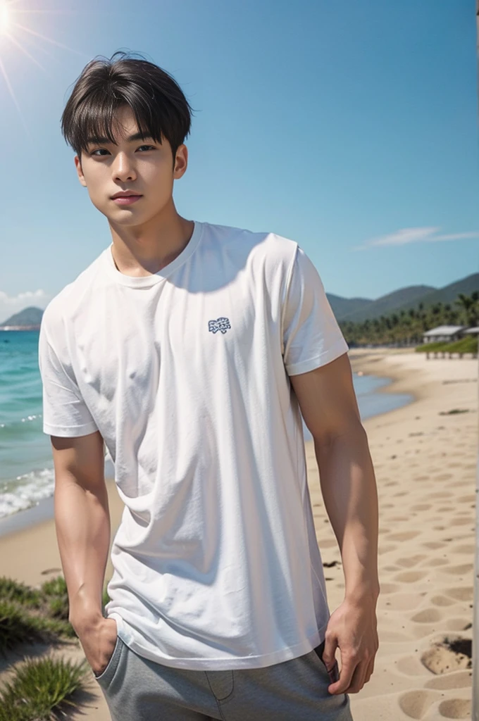 A young Asian man stands, handsome, muscular, looking at the camera. In a plain white t-shirt , Fieldside, grass, beach, sunlight