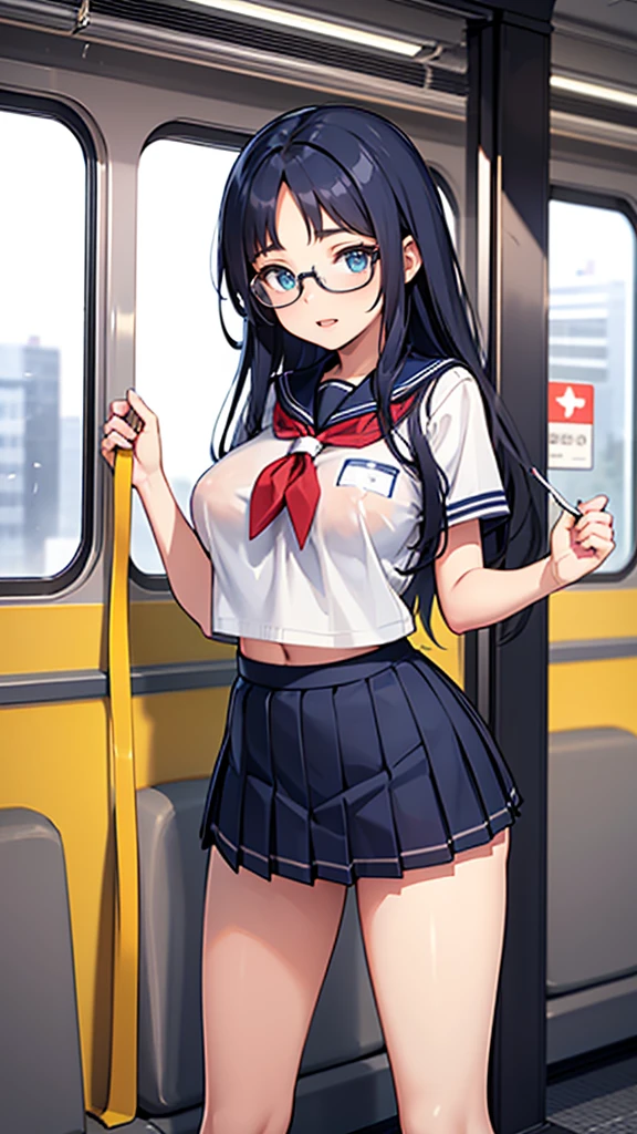 Create an anime-style illustration of a -yeld ginamed Shizuka. She has long, straight, blue hair with bangs cut straight across her forehead. She has large, almond-shaped silver-blue eyes and porcelain-like white skin. Shizuka often wears glasses.Getting ready in the morning、Super big breasts、(Highest quality:1.4), (super high quality), (Very detailedな), 1 beautiful girl, So cute, (school uniform, Pleated mini skirt:1.5), (Very large breasts:1.1), (Slender body:1.1), (thin and delicate legs), Real skin texture, (Drop your bangs to the side), Bright and shiny lips, Advent of the Beautiful Goddess, Beautiful background, Golden Ratio, Conceptual Art, Very detailed, Accurate, Advanced Details, Inside the train, Sexy Art, Bright light, Ultra-detailed illustration details, 8K wallpapers incorporating highly detailed CG, RAW Photos, Professional photos, Cinema Lighting, , (Nipple protrusions push up the uniform), Cropped tops, Long Hair