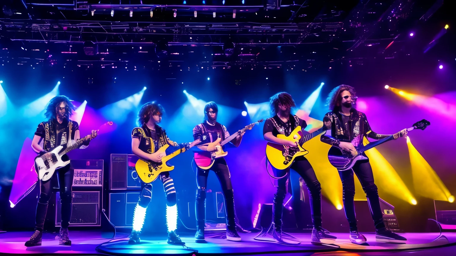 criar many robotsplaying guitar together on stage, rainbow color UNIFORM METALIC, eletronic style, on stage, lights, ELETRIC GUITAR STYLE. 8K,ON STAGE, UNIQUE UNIVERSE rock band