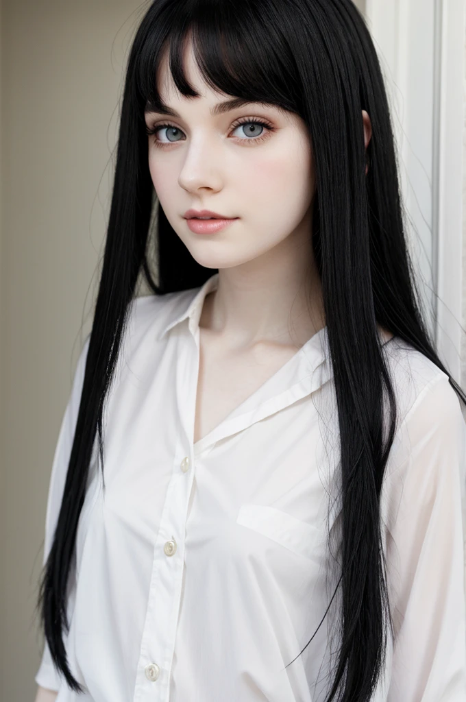 . Black straight hair. Bright ruby eyes. White pale skin