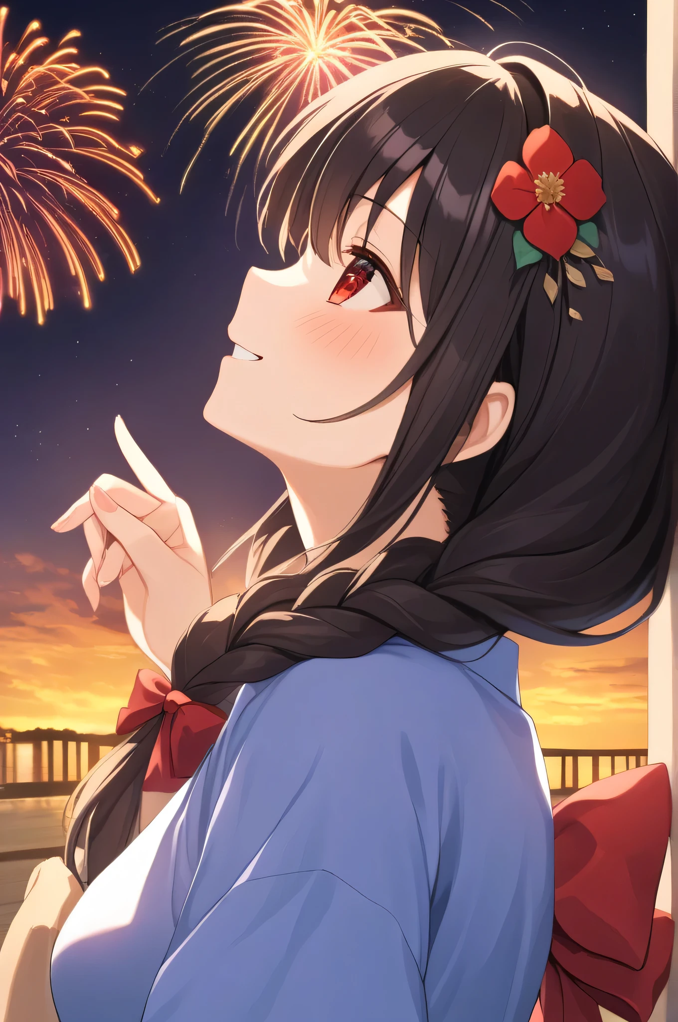 alone, One girl、Crown braids in the same color as your hair, hair ornaments, Hair Ribbon,(A light blue kimono with a red floral pattern and a red obi.)、Red Eyes、Black Hair、(blush:1.6)、(Profile of a smiling face with his mouth open:1.6)、Larger breasts、(The background is fireworks at night)、Looking up at the fireworks