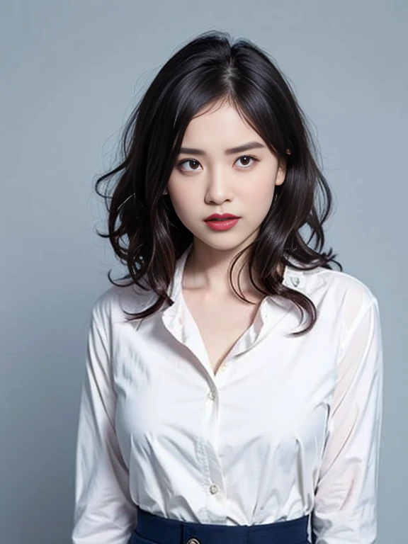 Gray background、pubic hair、Large Breasts、Thighs、Red lipstick、(((Glaring)))、Curly Hair、Disheveled Hair、Cute woman、high school girl、White shirt、Navy frill mile、Open chest shirt、A wet shirt with underwear showing through、