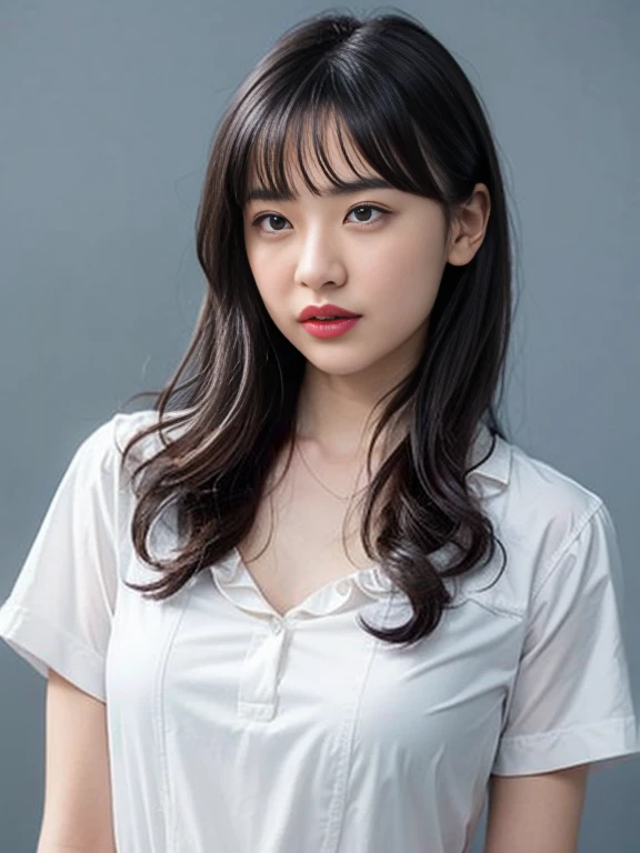 Gray background、pubic hair、Large Breasts、Thighs、Red lipstick、(((Glaring)))、Curly Hair、Disheveled Hair、Cute woman、high school girl、White shirt、Navy frill mile、Open chest shirt