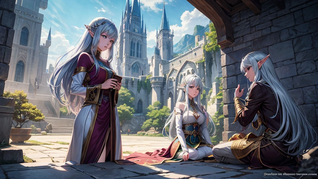 Image of an elven woman sitting on a stone floor in front of a castle,Silver Hair、Longhairer、 Fantasy anime style, Fantasy-style anime, detailed Digital 2D Fantasy Anime, Digital 2D Fantasy Anime, epic Fantasy anime style, epic Fantasy anime style hd, Detailed fantasy digital animation, Detailed fantasy anime, Beautiful fantasy anime, epic Fantasy-style anime, Stylized urban fantasy art