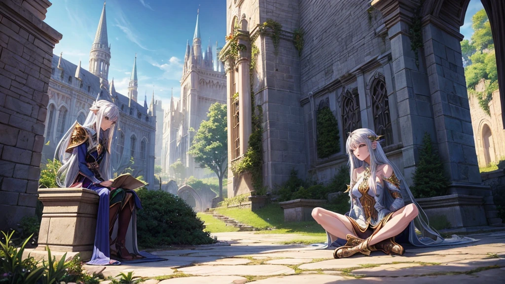 Image of an elven woman sitting on a stone floor in front of a castle,Silver Hair、Longhairer、 Fantasy anime style, Fantasy-style anime, detailed Digital 2D Fantasy Anime, Digital 2D Fantasy Anime, epic Fantasy anime style, epic Fantasy anime style hd, Detailed fantasy digital animation, Detailed fantasy anime, Beautiful fantasy anime, epic Fantasy-style anime, Stylized urban fantasy art