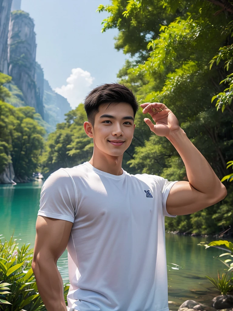 man , Raise your arms behind your back. , white t-shirt, black short hair , outdoor , cute smile , หน้าhandsomeแบบเกาหลีสมจริง , modest muscles , Masterpiece、High resolution、Surreal、detailed face、alone、man、Glowing skin、(Asia)、handsome、Detailed background