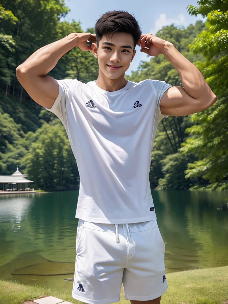 man , Raise your arms behind your back. , white t-shirt, black short hair , outdoor , cute smile , หน้าhandsomeแบบเกาหลีสมจริง , modest muscles , Masterpiece、High resolution、Surreal、detailed face、alone、man、Glowing skin、(Asia)、handsome、Detailed background