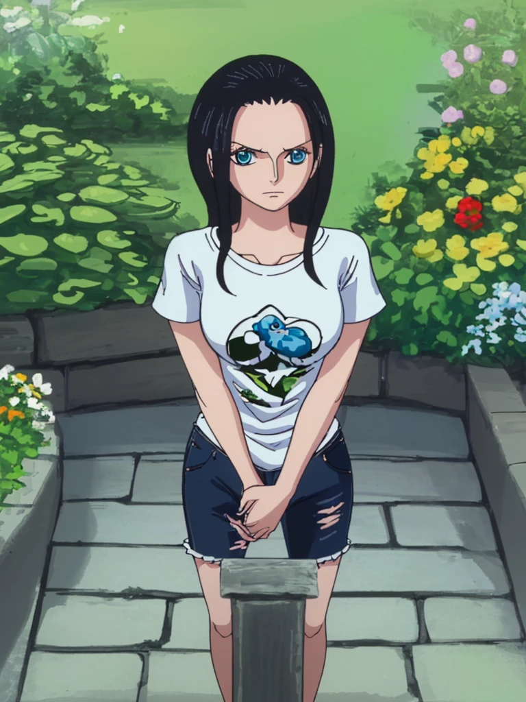 ( masterpiece ) , highly detailed , best quality , perfect face , nico Robin , black hairs , blue eyes , wearing short sleeves white printed t-shirt and blue jeans , in garden , arms bound behind back , looking at camera , standing still