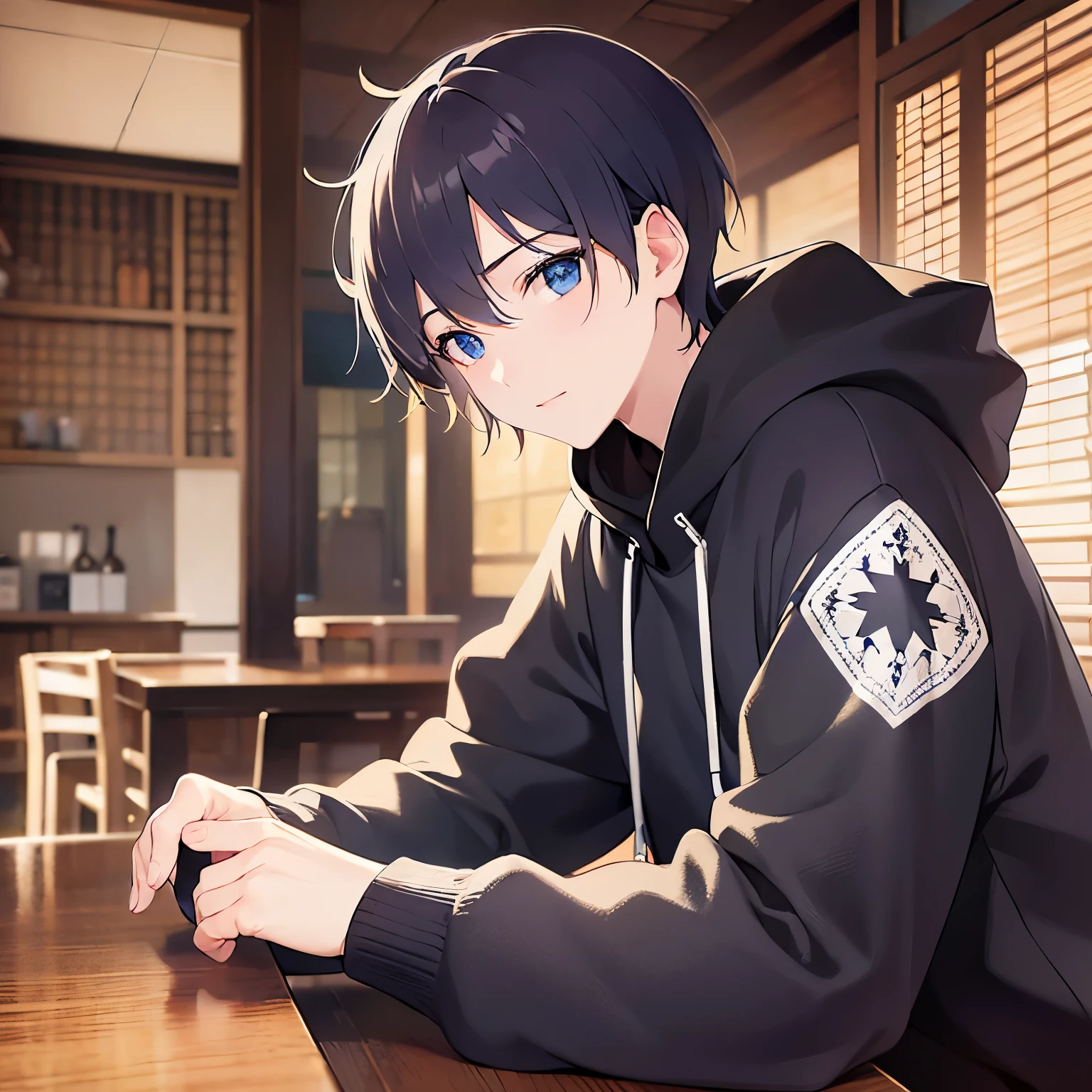 Surprised man、(25-year-old male:1.5) and (Black short hair) and (blue eyes)upper body,(looking at viewer:1.5), shiny skin, masterpiece、Highest quality、 black hoodie, eyes widen、The background is the interior of an izakaya at night.、Sitting