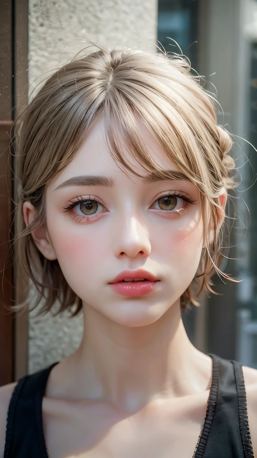 Masterpiece hyperrealist & Photorealistic beautiful girl, Realistic Skin (Pore-filled skin) Short Bob Cut Hair, Realistic red lips,Punk Girl, (head shot:1.5),Shorts