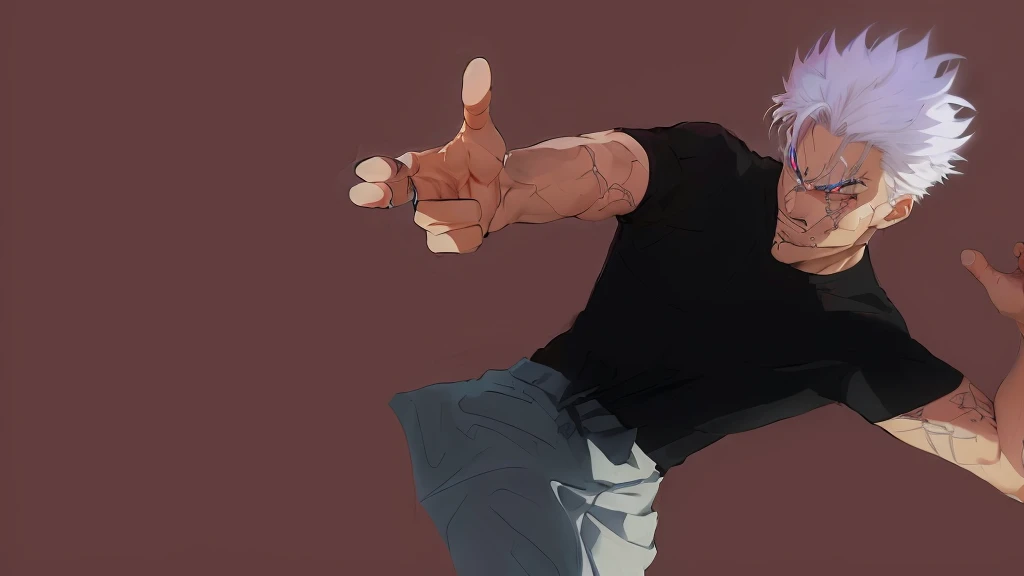 anime guy with white hair and blue eyes in black shirt, heavy gesture style closeup, with index finger, badass pose, handsome anime pose, high quality fanart, 4 k manga wallpaper, fighting pose, villain pose, pain from naruto, anime pose, detailed fanart, fight pose, scary angry pose, intimidating pose, baki style, trigger anime artstyle