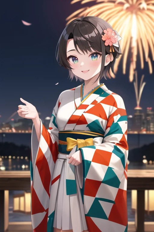 masterpiece, Highest quality, High resolution, Asbar, short hair, Hair ornament Chest, clavicle, Kimono with fireworks pattern, Long sleeve, Are standing, Cowboy Shot, smile, Outdoor,Cherry Blossoms at Night、Summer festival