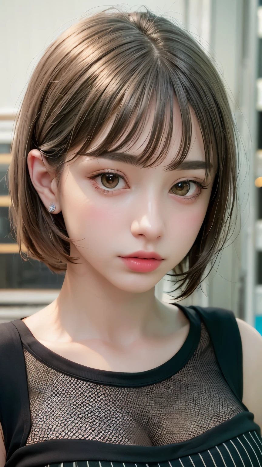 Masterpiece hyperrealist & Photorealistic beautiful girl, Realistic Skin (Pore-filled skin) Short Bob Cut Hair, Realistic red lips,Punk Girl, (head shot:1.5),Shorts