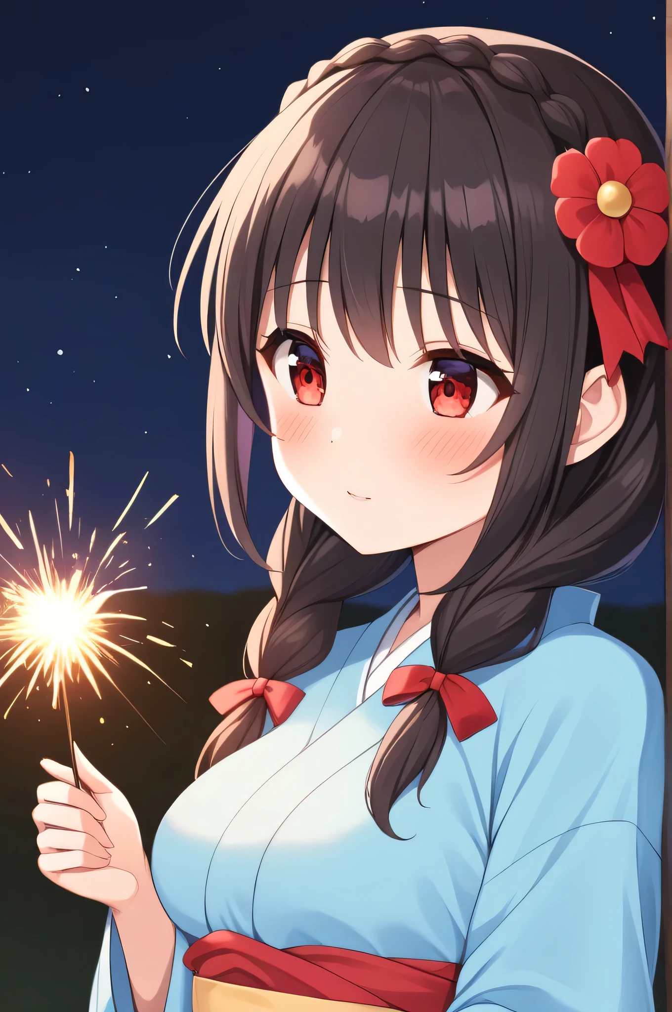 alone, One girl、Crown braids in the same color as your hair, hair ornaments, Hair Ribbon,(A light blue kimono with a red floral pattern and a red obi.)、Red Eyes、Black Hair、(blush:1.5)、(A dreamy look:1.4)、Larger breasts、(Holding a sparkler facing down)