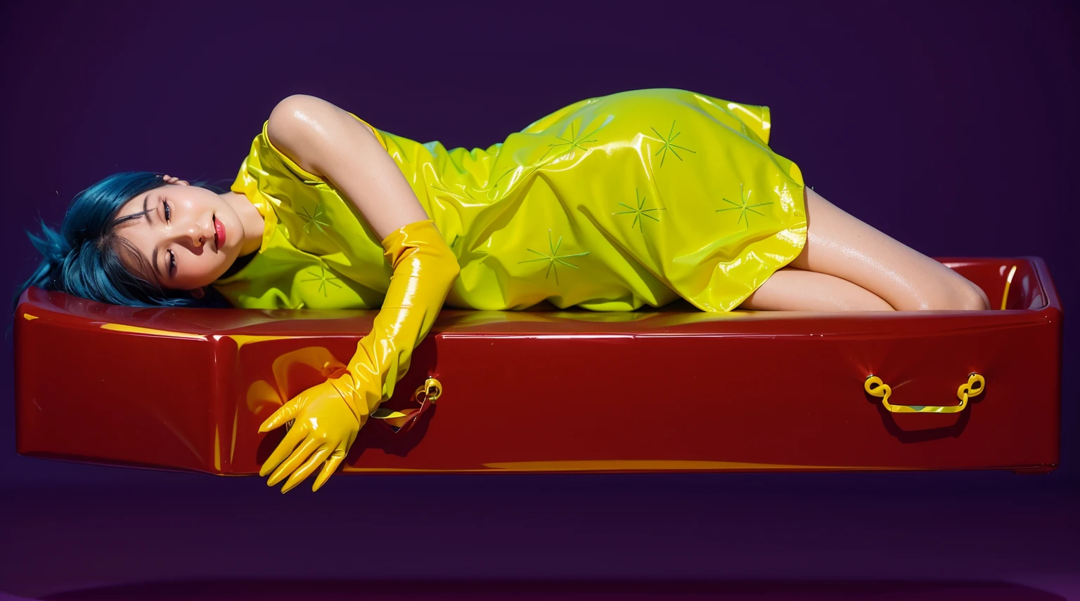 This image depicts a woman with vibrant blue hair, lying comfortably in an elongated, dark purple box. She is dressed in a bright neon green dress and yellow gloves, adding a striking contrast against the purple and blue background. Her peaceful expression and relaxed pose suggest a dreamlike or surreal scene, despite the unconventional setting of being in a box. The overall visual effect is bold and colorful, emphasizing the playful and artistic elements of the composition. effectively conveying a sense of joy and creativity.ffects render, (glossy plastic texture with multiple big light probe refractions), perfect cgi, smooth silhouette, high intensity refraction, (super glossy plastic material), most beautiful vfx, , realistic, 4k, high resolution, rim light, smooth 3d model, multiple light sources, rim light, sharp post effects render,, realistic, 4k, high resolution, rim light detailed digital art, reflective, best quality, 4k, masterpiece:1.2, ultra-detailed, realistic, vivid colors, The image of the highest quality, ensuring every detail showcased perfectly. It in 4k resolution, allowing viewers to immerse themselves in the richness of the colors and intricate details. The realistic rendering. under the spotlight, reflecting, high-resolution image, realistic rendering