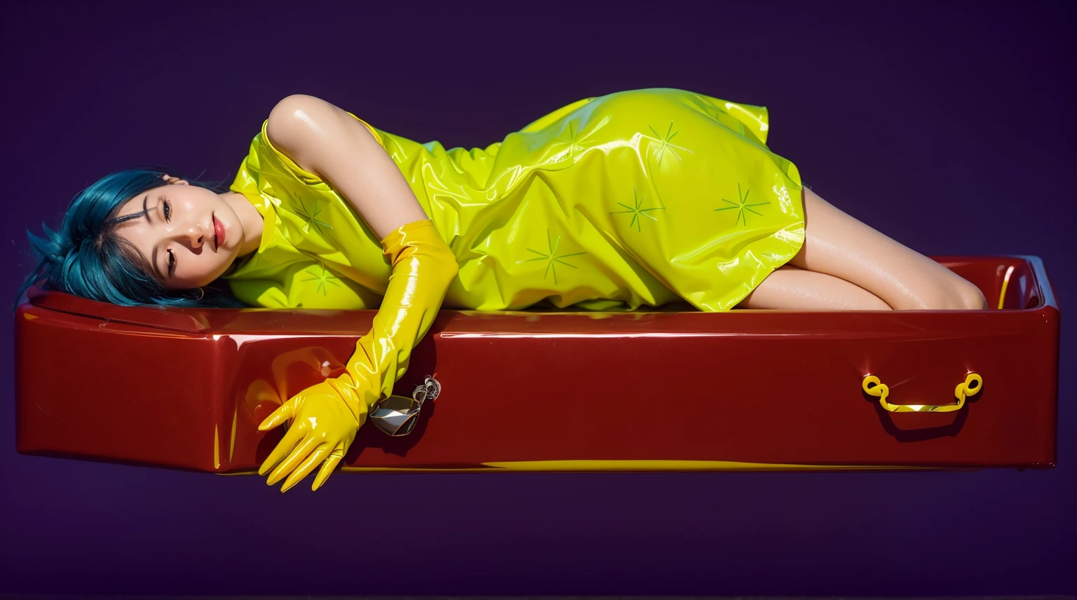 This image depicts a woman with vibrant blue hair, lying comfortably in an elongated, dark purple box. She is dressed in a bright neon green dress and yellow gloves, adding a striking contrast against the purple and blue background. Her peaceful expression and relaxed pose suggest a dreamlike or surreal scene, despite the unconventional setting of being in a box. The overall visual effect is bold and colorful, emphasizing the playful and artistic elements of the composition. effectively conveying a sense of joy and creativity.ffects render, (glossy plastic texture with multiple big light probe refractions), perfect cgi, smooth silhouette, high intensity refraction, (super glossy plastic material), most beautiful vfx, , realistic, 4k, high resolution, rim light, smooth 3d model, multiple light sources, rim light, sharp post effects render,, realistic, 4k, high resolution, rim light detailed digital art, reflective, best quality, 4k, masterpiece:1.2, ultra-detailed, realistic, vivid colors, The image of the highest quality, ensuring every detail showcased perfectly. It in 4k resolution, allowing viewers to immerse themselves in the richness of the colors and intricate details. The realistic rendering. under the spotlight, reflecting, high-resolution image, realistic rendering