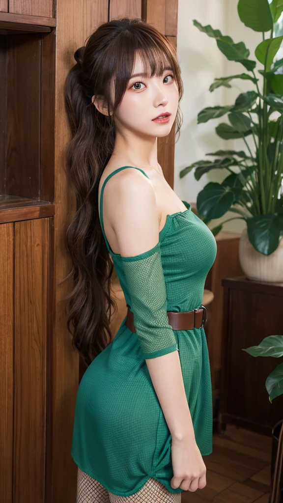 l414 terumi mei, very long hair, hair over one eye, single hair bun, brown hair, green eyes, fishnets, bare shoulders, blue dress, belt, fishnet pantyhose