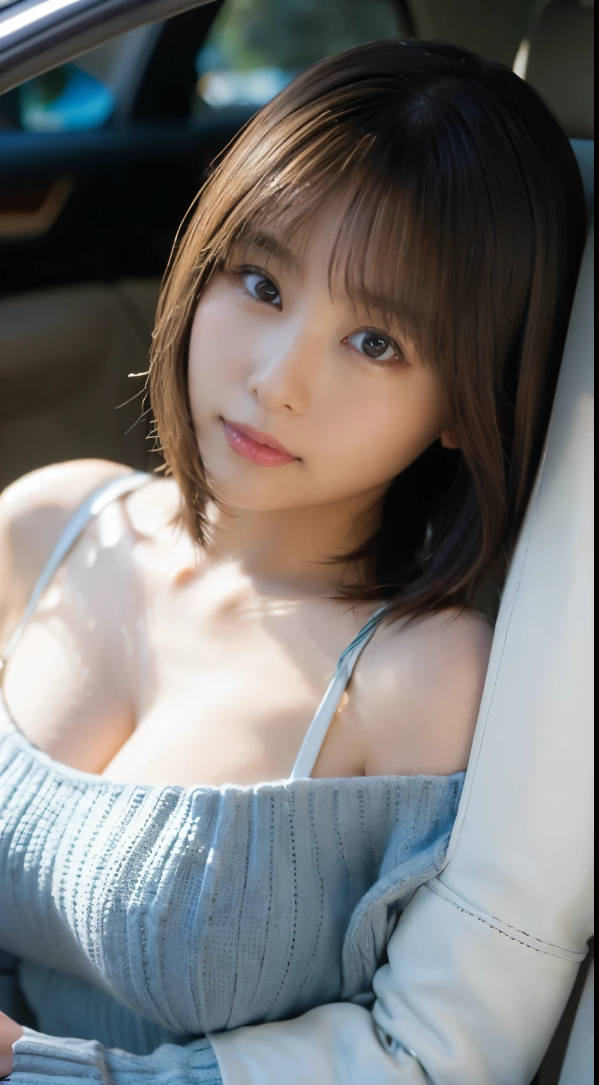 (Photorealistic), (ultra high realistic), (The ultra -The high-definition目), (ultra high detailed), (Increase contrast), (Increase saturation), ( girl、a small face、Extremely beautiful face, natural make up)(fair white skin)(sparkly eyes))A pretty woman with perfect figure, Spoiled look,, (Lifelike face), a short bob、Hair hanging over the ears, Realistic eyes, natural make up、beautiful detail, (real looking skin), Beautiful skins, enticing, The ultra -The high-definition, A hyper-realistic, Realistic, Very detailed,, bangss), (Tight black knit miniskirt dress、I can see the cleavage)(((White knee high boots)))japanese cute idol, I can see the cleavage) Brown hair,((lying in the passenger seat of a car))、Sweet pose、Beautiful valley、beutiful breast、thin-waist、big butts、Knee-deep angle、