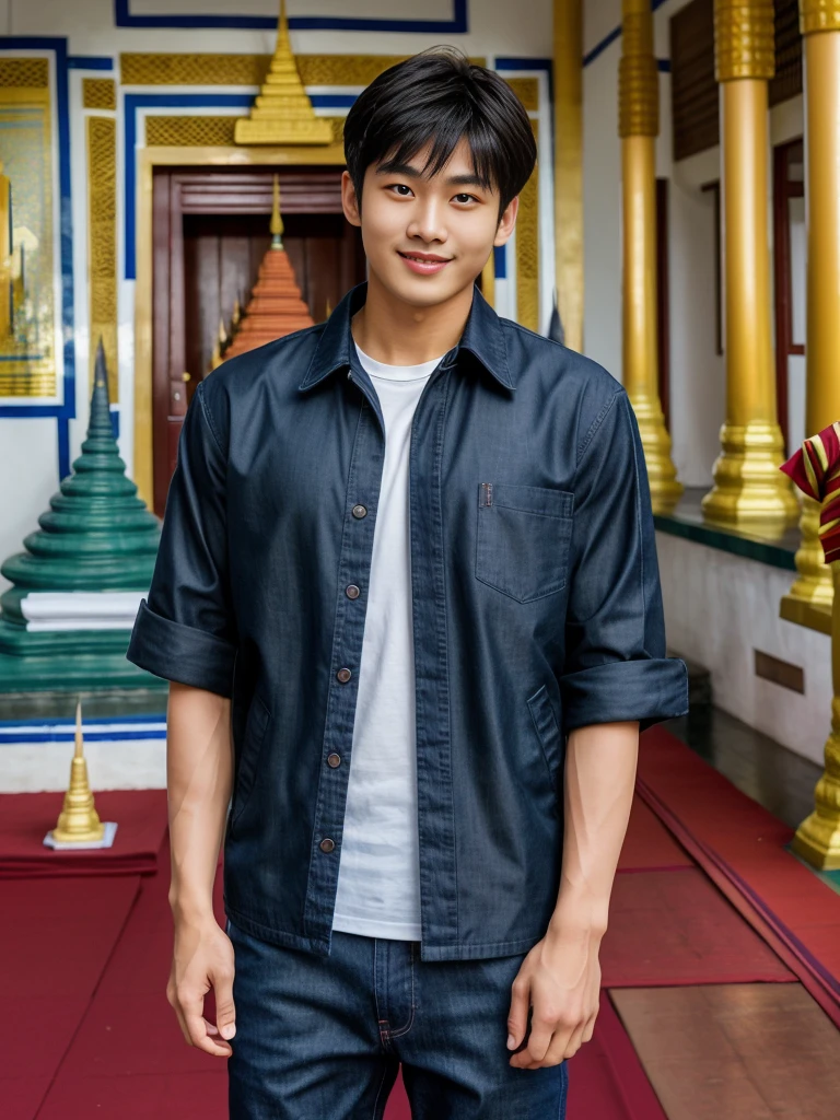 独奏: 1.5, (As a matter of fact, Masterpiece, 8k HD, good light quality, sportswear, fit the face, complicated details), A handsome Korean young man with muscular arms. , 20 years old, be happy, smile brightly, detailed face, delicate eyes, look at the sky, Wear a navy tight T-shirt.:1.6 ,Wear a denim coat., jeans period, black eyes, Black hair color, ผมsmooth, smooth,Surreal,Awesome details,Highest quality,real,Open your mouth to talk. , Close your eyes., (Standing in a Thai temple, a Burmese temple:1.5)