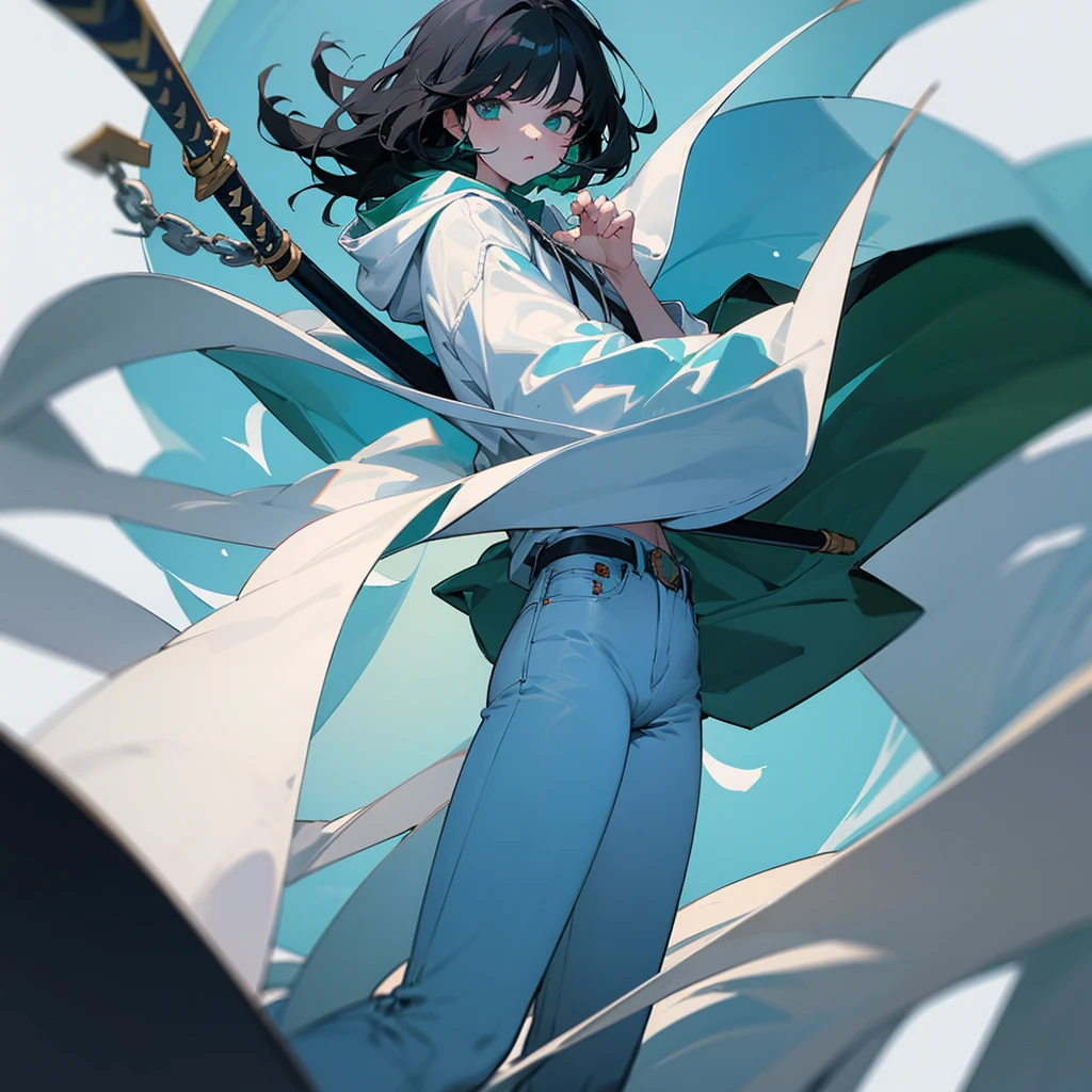 Neutral women, Black Hair, White skin、White shirt、Blue jeans、Dark green hoodie、Naginata