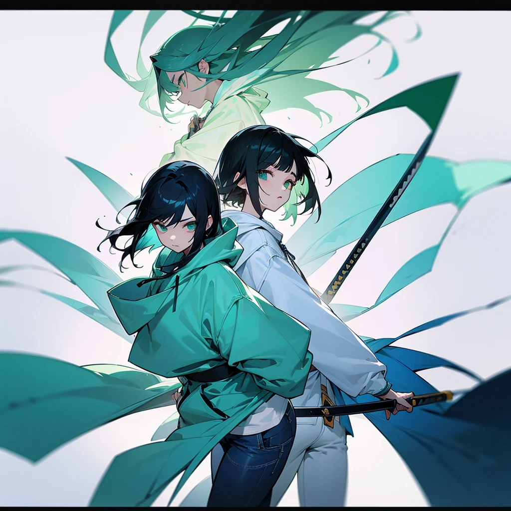 Neutral women, Black Hair, White skin、White shirt、Blue jeans、Dark green hoodie、Naginata