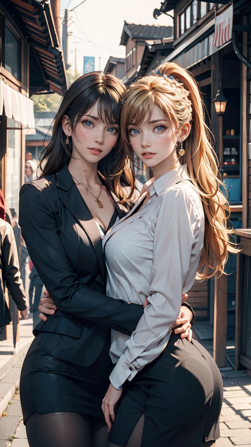 1 Girl, (alone:1.3), ditch, hot spring, Outdoor, Suit jacket, Hug your feet, of course(Blue Archive), Medium chest, Blonde, Braid, Folded ponytail, Hair Ribbon, Sexy proportions、Sexy、erotic、adult、Thin limbs、Tight body、Sheer blouse、Pencil Skirt、Black pantyhose、Stiletto heels