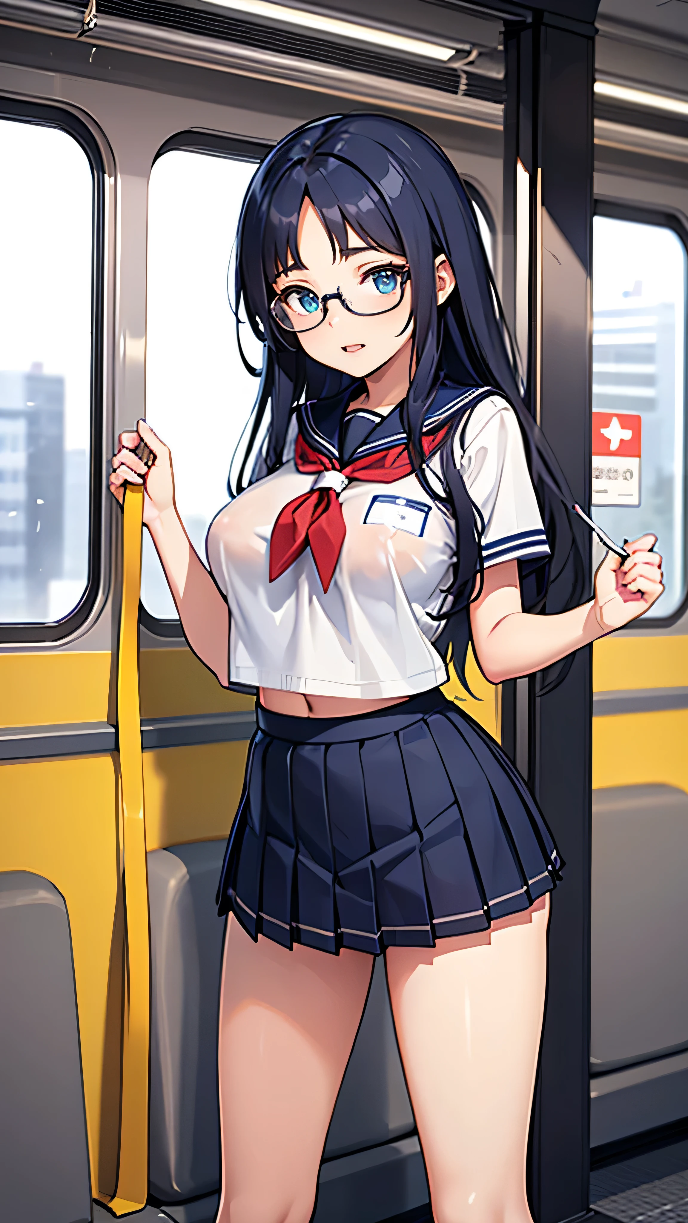 Create an anime-style illustration of a 17-year-old girl named Shizuka. She has long, straight, blue hair with bangs cut straight across her forehead. She has large, almond-shaped silver-blue eyes and porcelain-like white skin. Shizuka often wears glasses.Getting ready in the morning、Super big breasts、(Highest quality:1.4), (super high quality), (Very detailedな), 1 beautiful girl, So cute, (school uniform, Pleated mini skirt:1.5), (Very large breasts:1.1), (Slender body:1.1), (thin and delicate legs), Real skin texture, (Drop your bangs to the side), Bright and shiny lips, Advent of the Beautiful Goddess, Beautiful background, Golden Ratio, Conceptual Art, Very detailed, Accurate, Advanced Details, Inside the train, Sexy Art, Bright light, Ultra-detailed illustration details, 8K wallpapers incorporating highly detailed CG, RAW Photos, Professional photos, Cinema Lighting, , (Nipple protrusions push up the uniform), Cropped tops, Long Hair