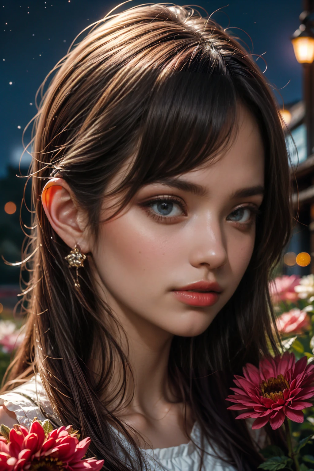 a blue eyes growing on a dahlia flowers, dew drops, starry night