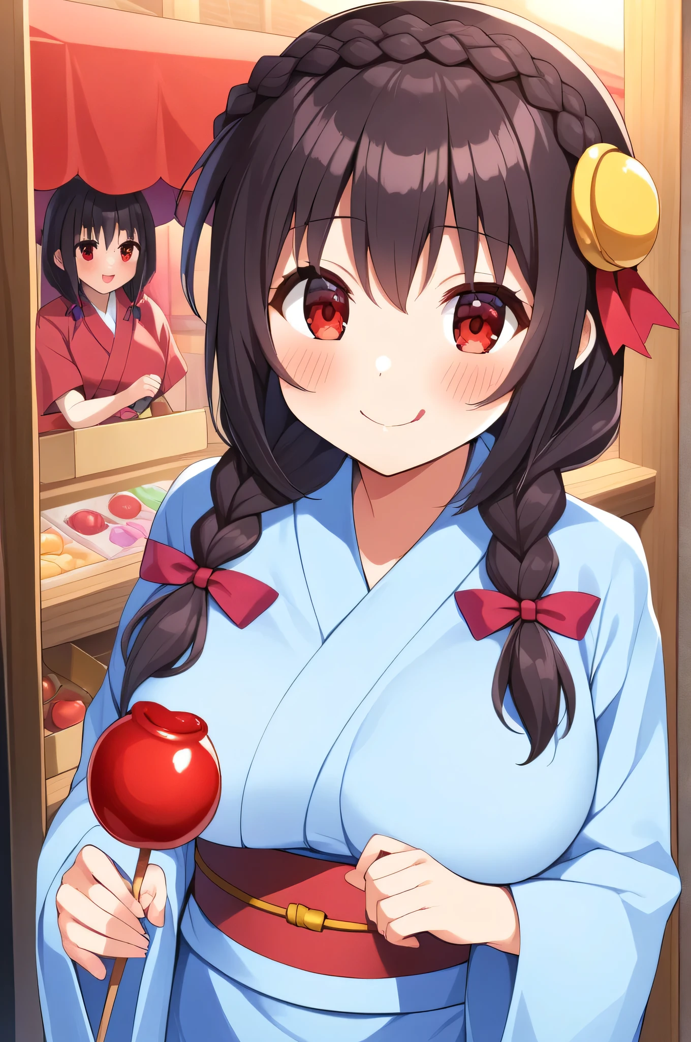 alone, One girl、Crown braids in the same color as your hair, hair ornaments, Hair Ribbon,(A light blue kimono with a red floral pattern and a red obi.)、Red Eyes、Black Hair、(blush:1.5)、(Happy face:1.4)、Larger breasts、(Licking a candy apple)、The background is a night stall
