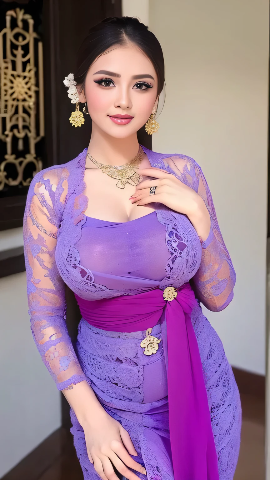 A beauty girl with tattoos on body, beautiful art tattoo detailed, ((text tattoo on body:LOVE)), Wearing kebaya dress, detailed beautiful eyes, , cute girl, big breast, earrings, necklace, Javanese ornament