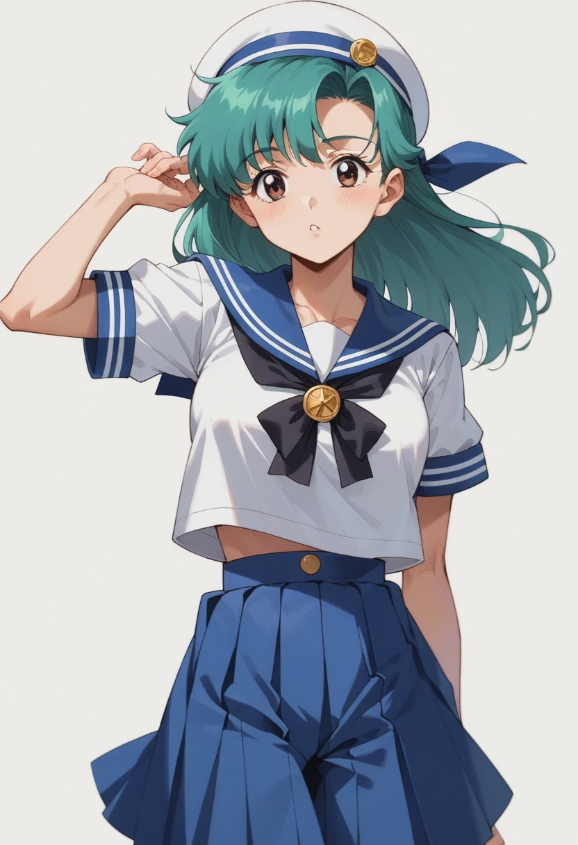 sailor girl in a sailor outfit with a sailor hat and a sailor costume, 2 d anime style, inspired by Un'ichi Hiratsuka, fubuki, rei hiroe, anime girl with teal hair, inspired by Rei Kamoi, mikudayo, kirokaze, retro anime girl, 2 d anime, inspired by Puru, anime moe artstyle